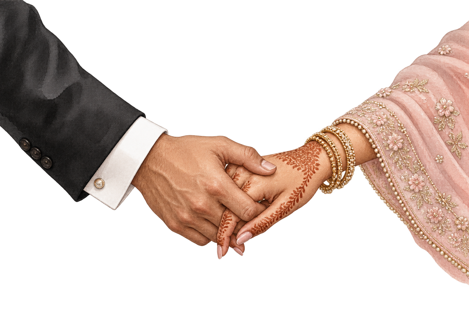 A bride and groom gently holding hands